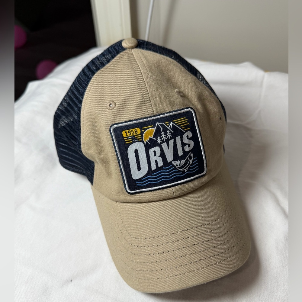 Orvis Front Patch Colorful Logo Tan and Navy Fishing Hunting Hat